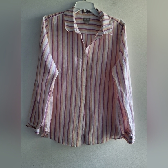 Chico's Cream/Purple Stripped Linen "No-Iron" Button Up Blouse sz 2 or Large - Picture 2 of 6